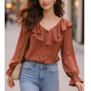 Adrian Jordan Blouse Women 22/24 Brown Silk Ruffle V-Neck Long Sleeve Button